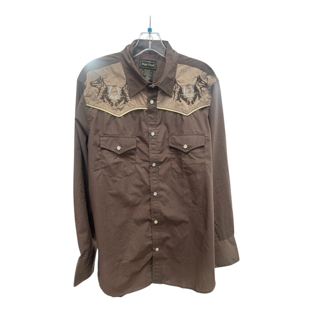 High Noon Shirt Men's Medium Brown Western Embroidered Pearl Snap Horse Shoe